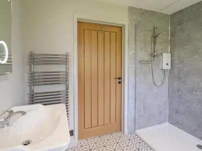 a bathroom with a sink and a shower and a door at Mynydd Y Glyn Lodge in Llanfyllin