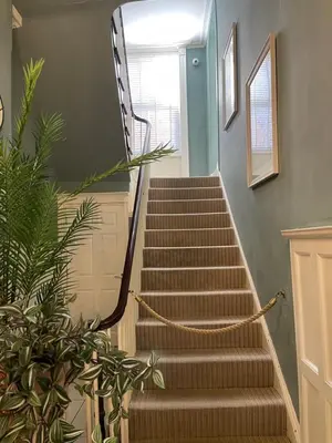 a stairway with a handrail and stairs with plants at Townhouse Apartment in Oswestry