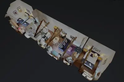 an overhead view of a living room with at Dragonfly Cottage, Canal location in Brecon