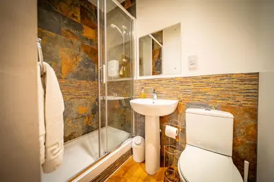 a bathroom with a toilet and a sink and a shower at Marina View, Near Canal and Mountains in Brecon