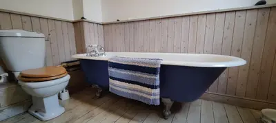 a bathroom with a blue tub and a toilet at Gaer Hall Guilsfield a country mansion with hottub in Welshpool