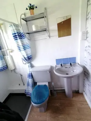 a small bathroom with a toilet and a sink at Cartref Bach in Llanybydder