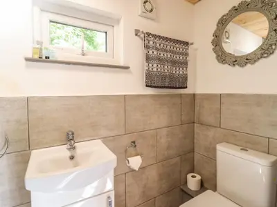 a bathroom with a sink and a toilet and a mirror at Chateau Petit in Caersws