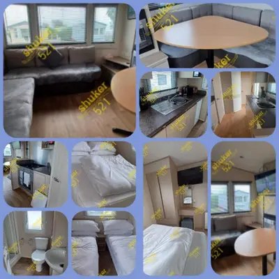 a collage of pictures of a room at Caravan 521 shuker Barmouth in Talybont