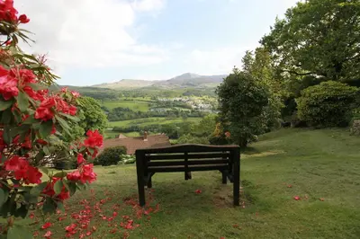 a bench sitting in the grass with a view at Dwy Olwyn in Dolgellau