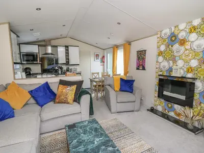 a living room with a couch and a fireplace at 95 Hafan Taffy in Llanina