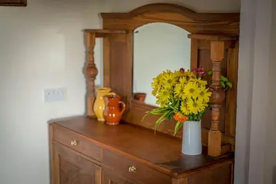 a vase of flowers on a dresser with a mirror at Melin-Byrdir in Dyffryn