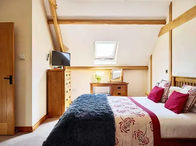 a bedroom with a large bed and a television at Trefaen Cottage in Brecon