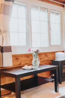 a vase of flowers on a table in a room with windows at Rustic Log Cabin in Snowdonia - 2 Bedrooms & Parking in Ffestiniog
