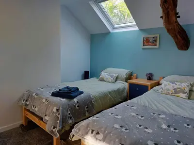 a bedroom with two twin beds and a window at Cae Tudur Remote Rural Cottage near Barmouth in Barmouth
