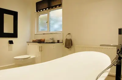 a white bathroom with a toilet and a sink at Tawel Fryn Bungalow near Dolgellau in Dolgellau
