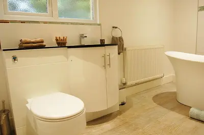 a bathroom with a white toilet and a sink at Tawel Fryn Bungalow near Dolgellau in Dolgellau
