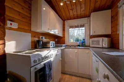 a kitchen with white appliances and a wooden ceiling at Cosy Log Cabin Snowdonia Eryri in Trawsfynydd