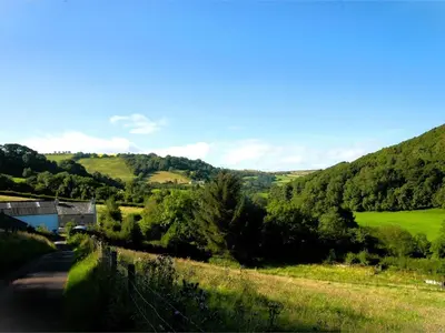 a view of a valley with trees and a road at 2 Bed in Llanfihangel-nant-Bran BN200 in Llanfihangel-Nant-Brân
