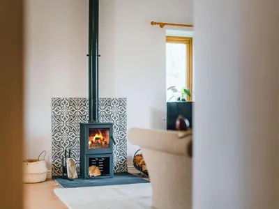 a fireplace in a living room with a stove at 1 Bed in Aberystwyth oc-83551 in Llanilar