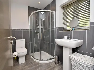 a bathroom with a shower and a toilet and a sink at 4 Bed in Oswestry oc-74110 in Kinnerley