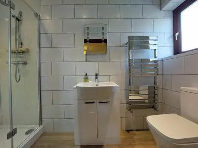 a bathroom with a sink and a toilet and a shower at Caer Dderwen Oak Field family home in Dolgellau in Dolgellau