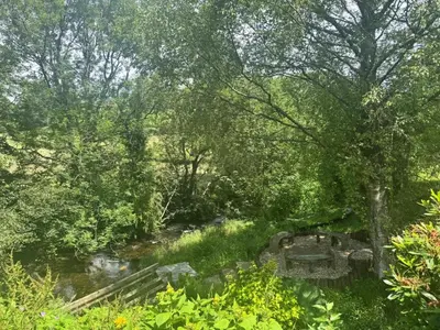 an old stone bridge over a stream in a forest at 1 Bed in Llanidloes oc-56492 in Van
