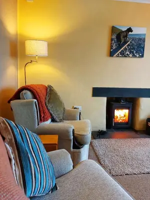 a living room with two couches and a fireplace at South View Cottage with Terrace and Coastal Views in Fairbourne