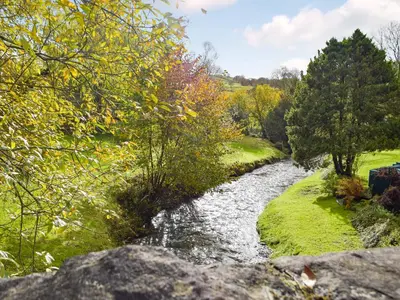 a river with rocks and trees on the side at Yr Hen Efail in Abergorlech