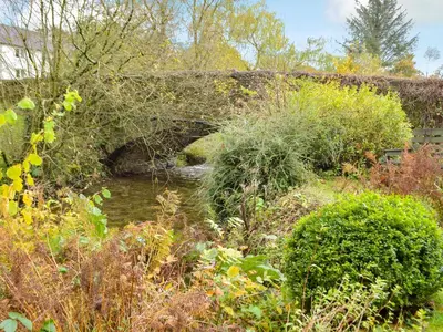 a bridge over a stream in a garden at Yr Hen Efail in Abergorlech