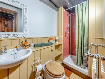 a bathroom with a sink and a toilet and a shower at Yr Hen Efail in Abergorlech