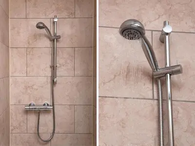 two pictures of a shower with a shower head at 4 Bed in Brecon oc-bn151 in Devynock