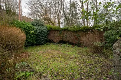 a stone retaining wall with plants and grass at Cheerful 2 bedroom cottage with garden in Llanelltyd