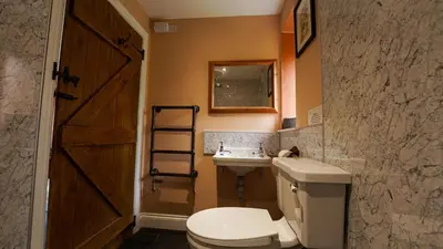 a bathroom with a toilet and a sink at Mwsogl - Luxurious Family Fishing Lodge Near Aberaeron With Private Fishing in Cross Inn