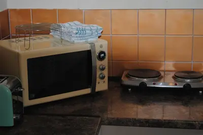 a microwave sitting on top of a kitchen counter at Penygelli Apartments in Newtown