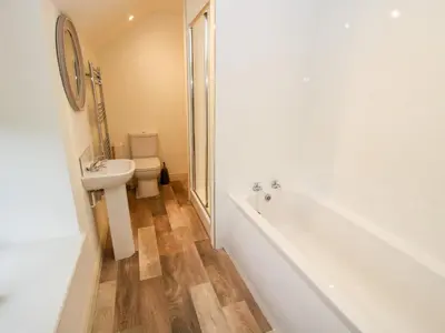 a bathroom with a toilet and a tub and a sink at Ty Gwyn in Welshpool