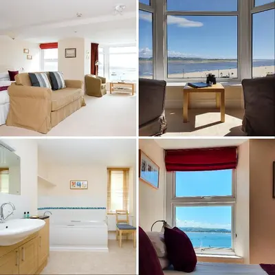 a collage of four pictures of a room at Fron Haul in Aberdyfi