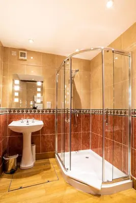 a bathroom with a shower and a sink at The Town House Ludlow in Ludlow