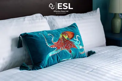 a pillow with an octopus painted on it sitting on a bed at 4 Bedroom House. Close to Shrewsbury Town Centre in Shrewsbury
