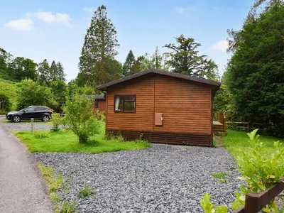 a cabin in the woods with a car parked next to it at The Beehive C29 - Uk45926 in Newtown