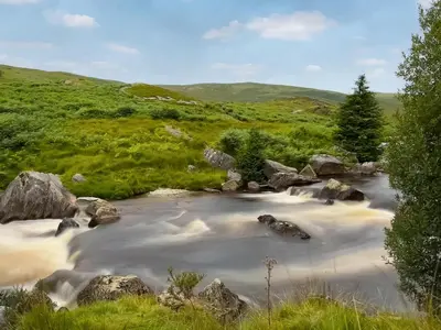 a river in a field with rocks and trees at The Old Stables in Presteigne