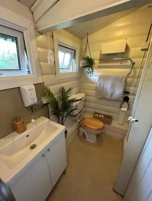 a small bathroom with a toilet and a sink at Snug and cosy log cabin. in Trawsfynydd
