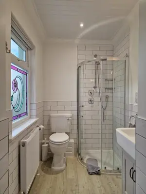 a bathroom with a shower and a toilet and a sink at Polruan - stunning central NQ house - dog friendly in New Quay