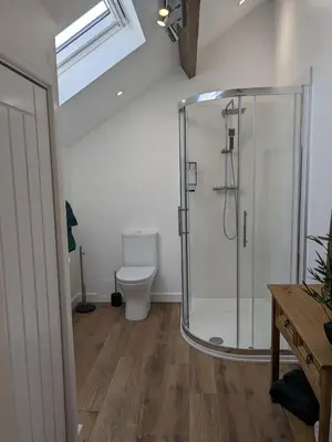 a bathroom with a shower and a toilet at The Barrels at Leintwardine in Leintwardine
