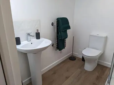 a bathroom with a white sink and a toilet at The Barrels at Leintwardine in Leintwardine