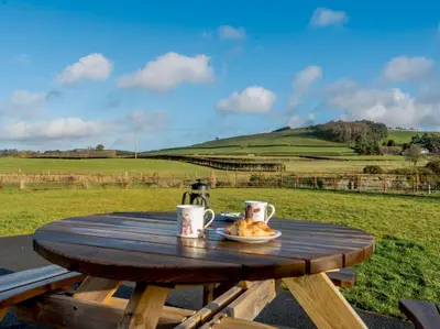 a wooden table with a plate of food and coffee cups at 2 Bed in Rhayader oc-90274 in Saint Harmon