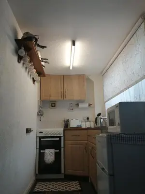 a small kitchen with wooden cabinets and a stove at 2 Rhys Terrace in Machynlleth