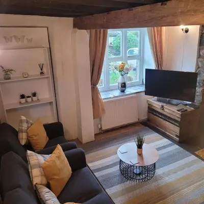 a living room with a couch and a flat screen tv at Cosy modern cottage by the sea, heart of snowdonia in Llwyngwril