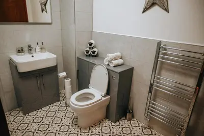 a bathroom with a toilet and a sink at Luxury 5-Bed Farmhouse - Sleeps 8 & Hot Tub in Brecon