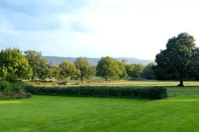 a field of grass with trees in the background at Spacious Holiday Cottage with Scenic Views in Church Stretton