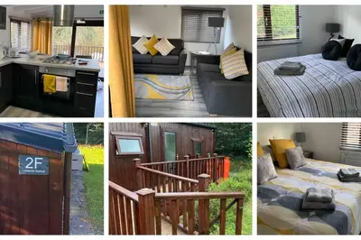 a collage of four pictures of a house at Lakeside retreat - Lodge 2F caer beris holiday park - no commercial vehicles allowed on site in Builth Wells