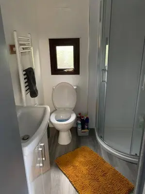 a bathroom with a toilet and a sink and a shower at Lakeside retreat - Lodge 2F caer beris holiday park - no commercial vehicles allowed on site in Builth Wells