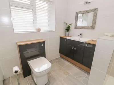 a bathroom with a toilet and a sink and a mirror at Ty Ni in Dyffryn