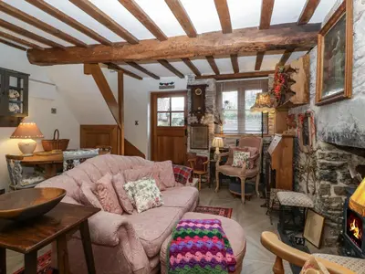 a living room with a couch and a fireplace at Hoarders Cottage in Hereford