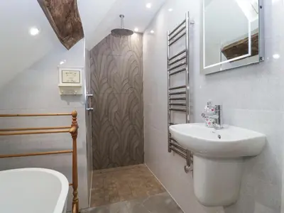 a bathroom with a sink and a shower and a toilet at Hoarders Cottage in Hereford